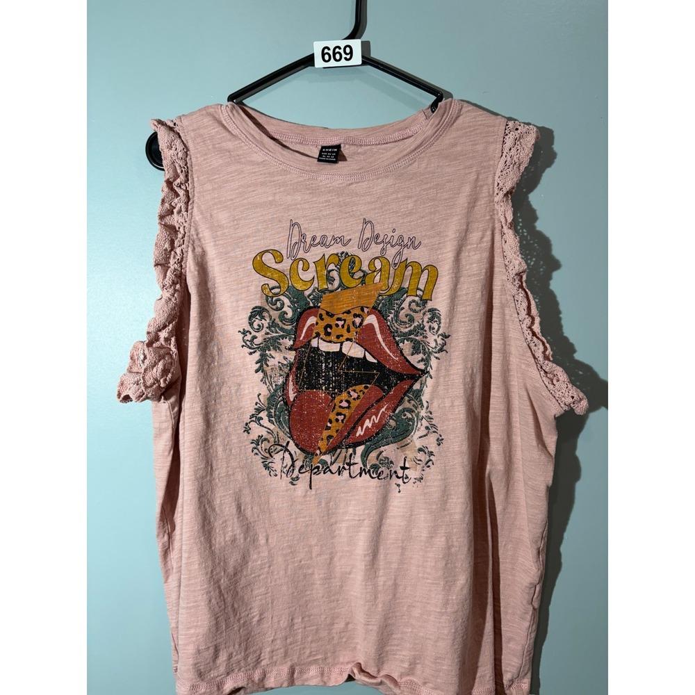 SHEIN Pink Scream Department Graphic Sleeveless Top Crochet Lace Trim XL